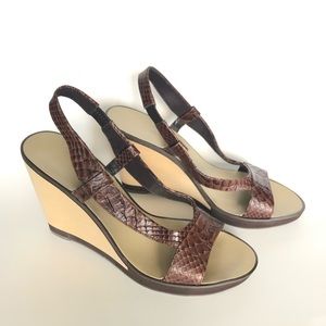 Nine West Tan Wooden Wedges Brown Snake Print Slingback Straps Sandals Size 9.5